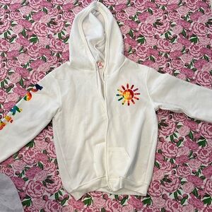 Vibrant White Hoodie with Rainbow Design